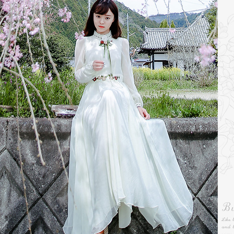 大人ワンピース ロング 清楚優美な花刺繍レトロ風ロングワンピース
