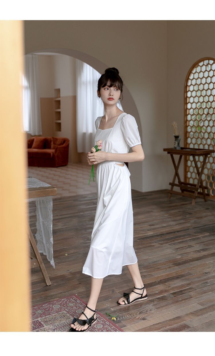 大人ワンピース ロング 優美サイドカットパフスリーブロングワンピース