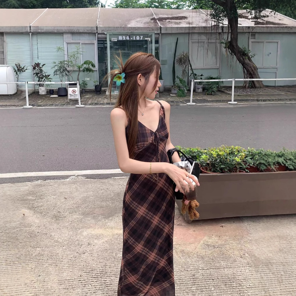 大人ワンピース ロング 格子柄キャミソールロングワンピース