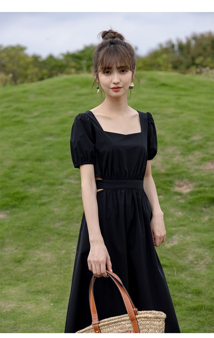 大人ワンピース ロング 優美サイドカットパフスリーブロングワンピース