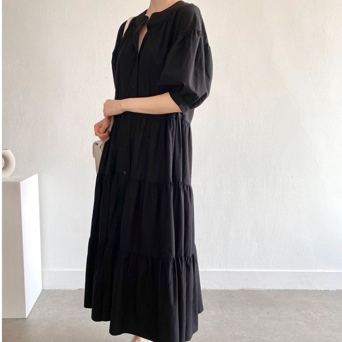 大人ワンピース 春夏新作 無地ブイネック ティアードワンピース 二の腕カバー