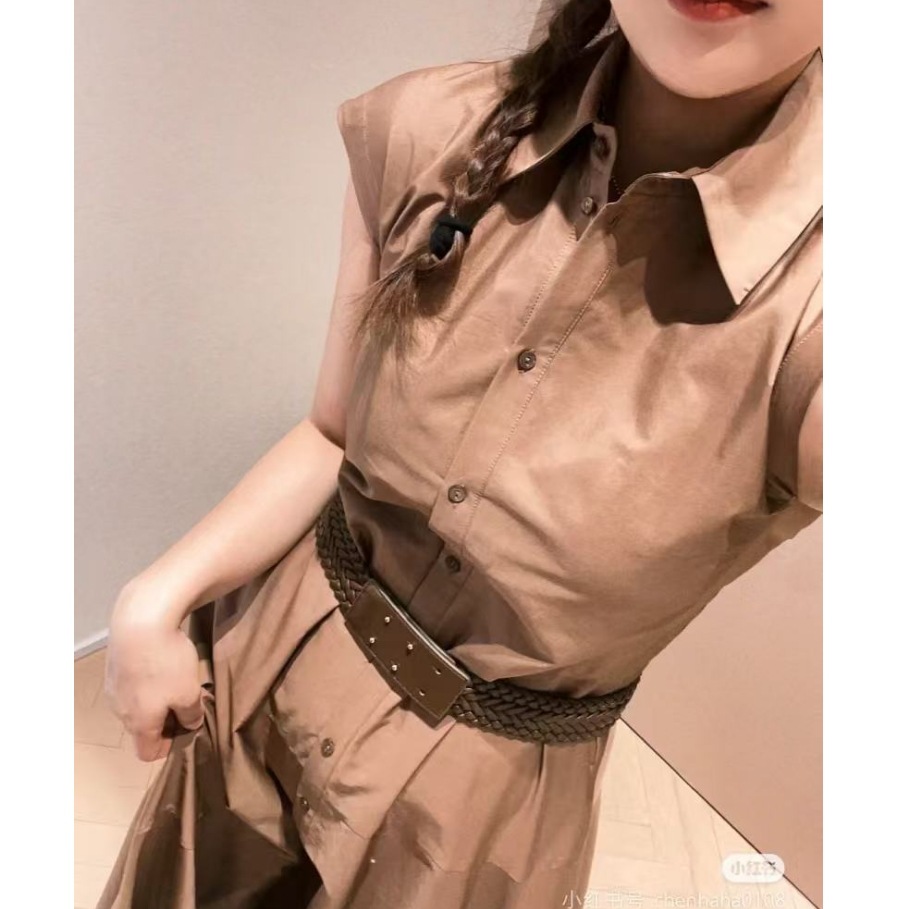 大人ワンピース ロング 編み込みベルト付きシャツワンピース