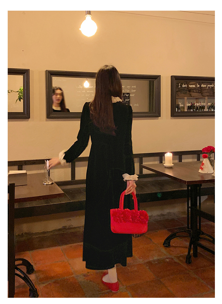 大人ワンピース ロング レース襟フリルスリーブロング丈ワンピース