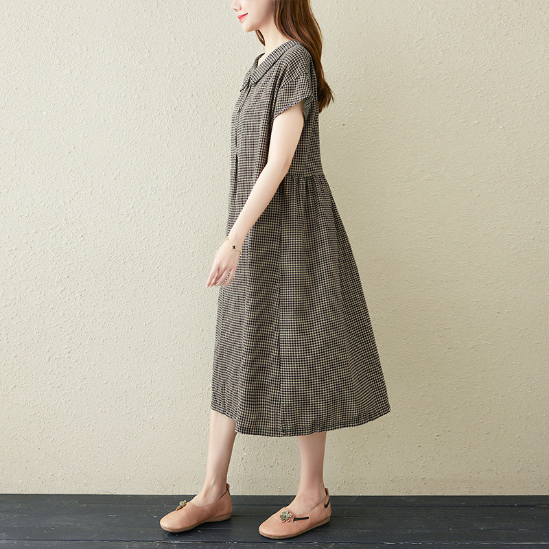 大人ワンピース 襟付き半袖チェック柄ワンピース大人可愛いスタイル