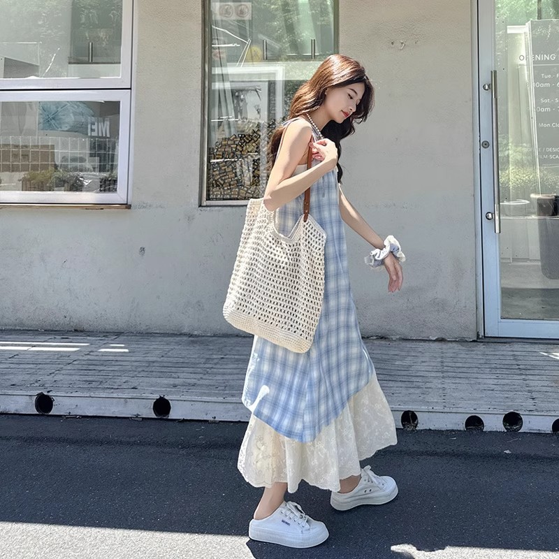 大人ワンピース マキシ チェック柄レース切替キャミソールワンピース
