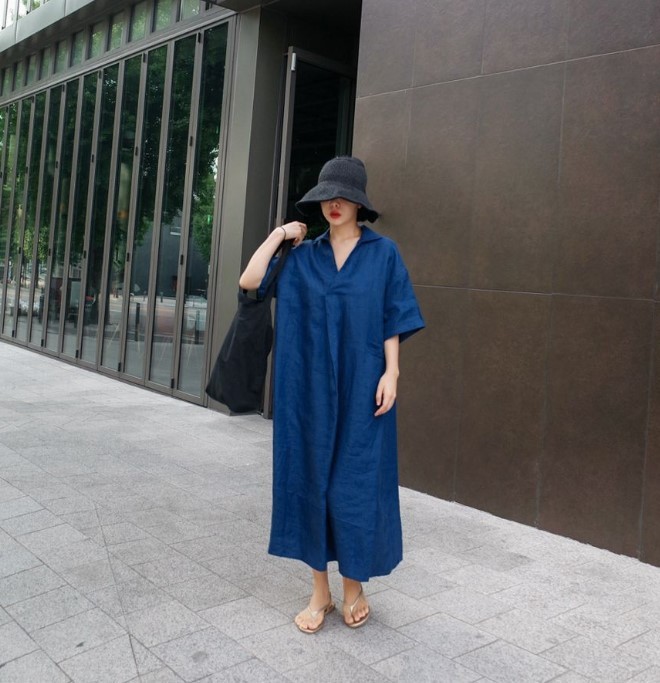 大人ワンピース 綿麻シャツワンピース ロング丈半袖ゆったりシルエット