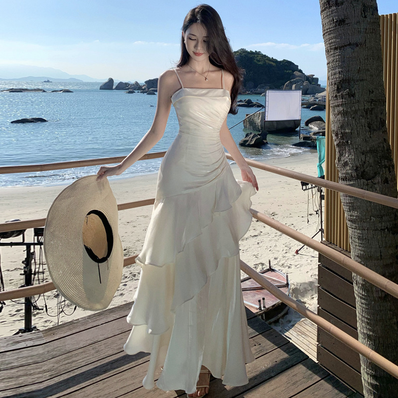 大人ワンピース マキシ 優美なラッフルデザインキャミソールワンピース
