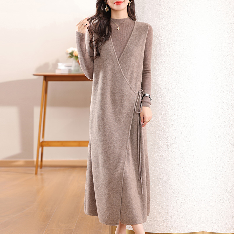大人ワンピース ロング 上品ニットドレープロングワンピース