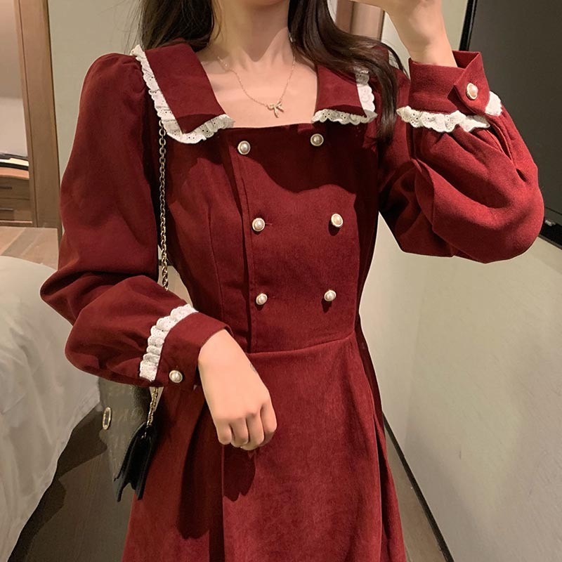 大人ワンピース ロング レトロ調フリル襟ロング丈ワンピース