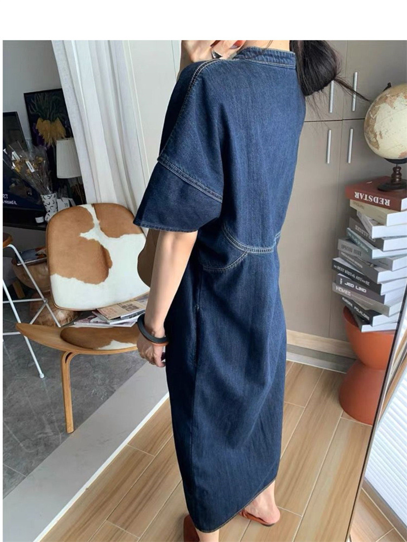 大人ワンピース ロング ノーカラーデニムワンピース