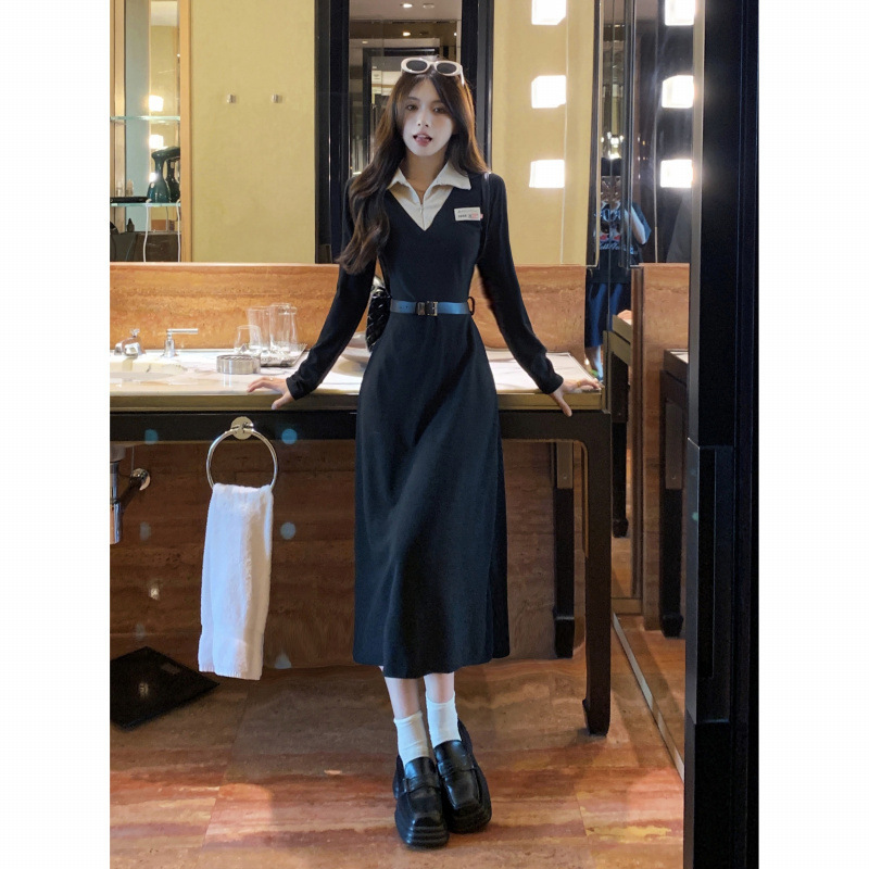大人ワンピース ロング 襟付きベルト付きワンピース