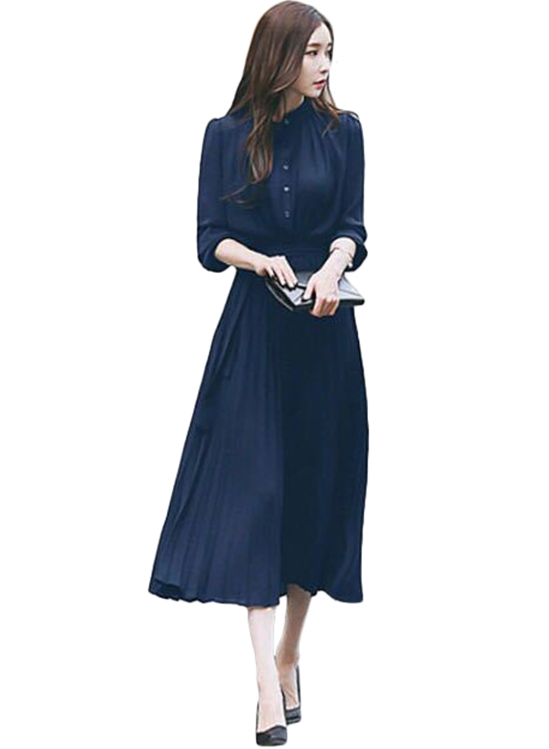 大人ワンピース ロング 上品シルエット プリーツロングワンピース