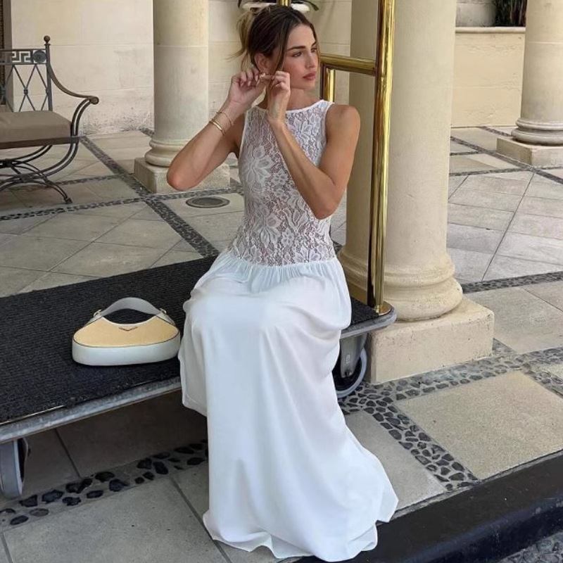 大人ワンピース ロング 花レースウエスト切替優美ロングワンピース