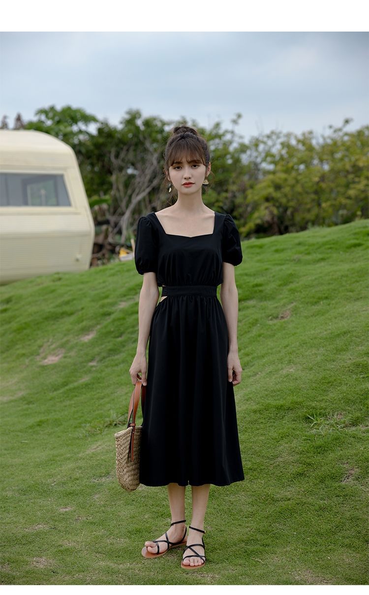 大人ワンピース ロング 優美サイドカットパフスリーブロングワンピース