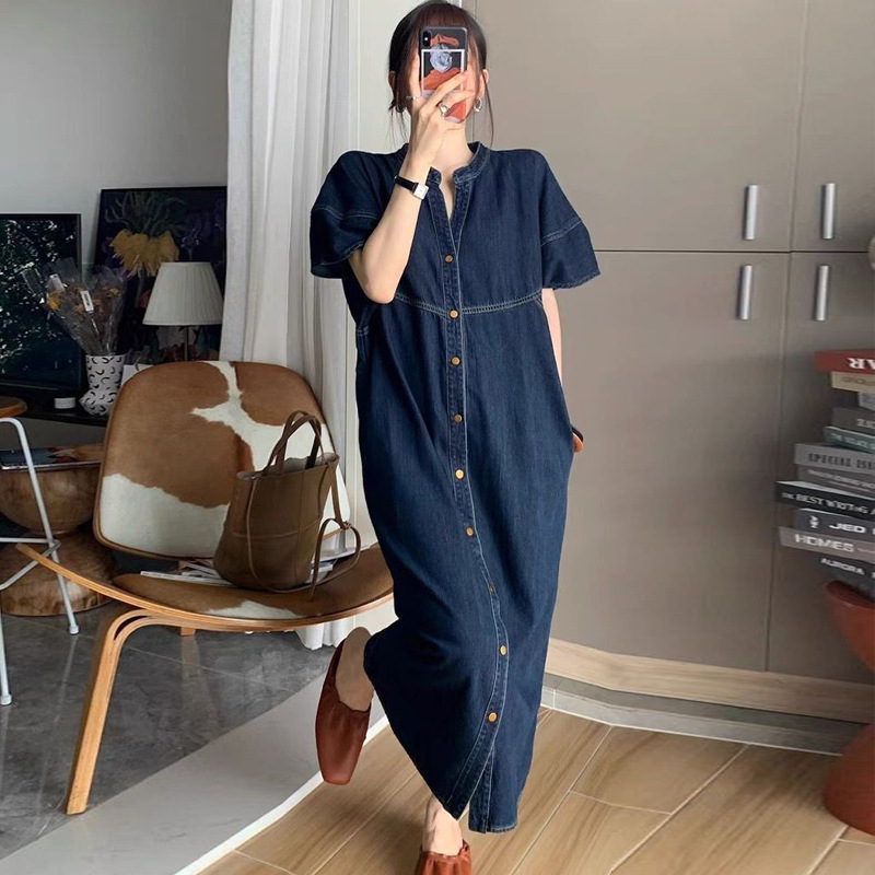 大人ワンピース ロング ノーカラーデニムワンピース