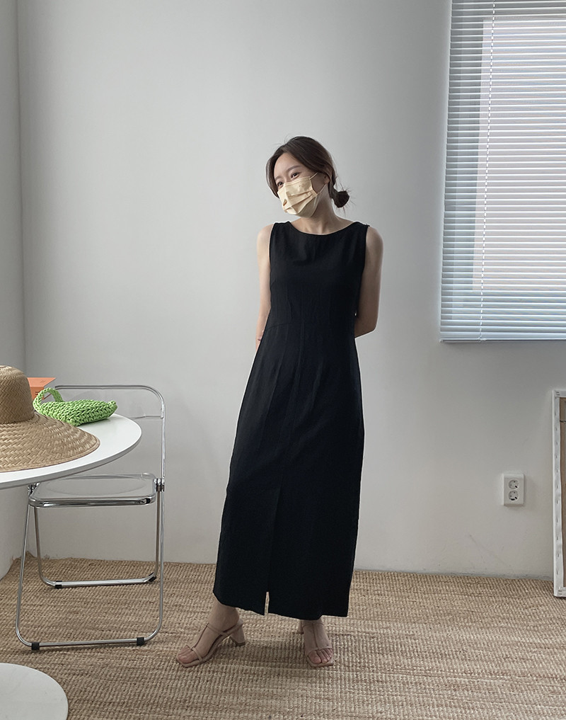 大人ワンピース 綿麻無地ノースリーブロングワンピース