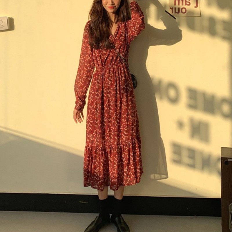 大人ワンピース ロング 花柄シフォンティアードロングワンピース