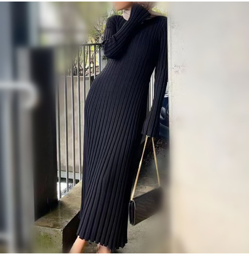 大人ワンピース ロング リブ編みフィット美シルエットワンピース
