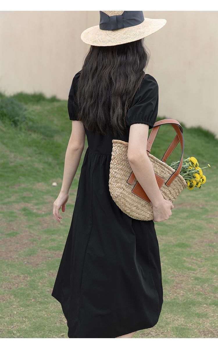 大人ワンピース ロング 優美サイドカットパフスリーブロングワンピース