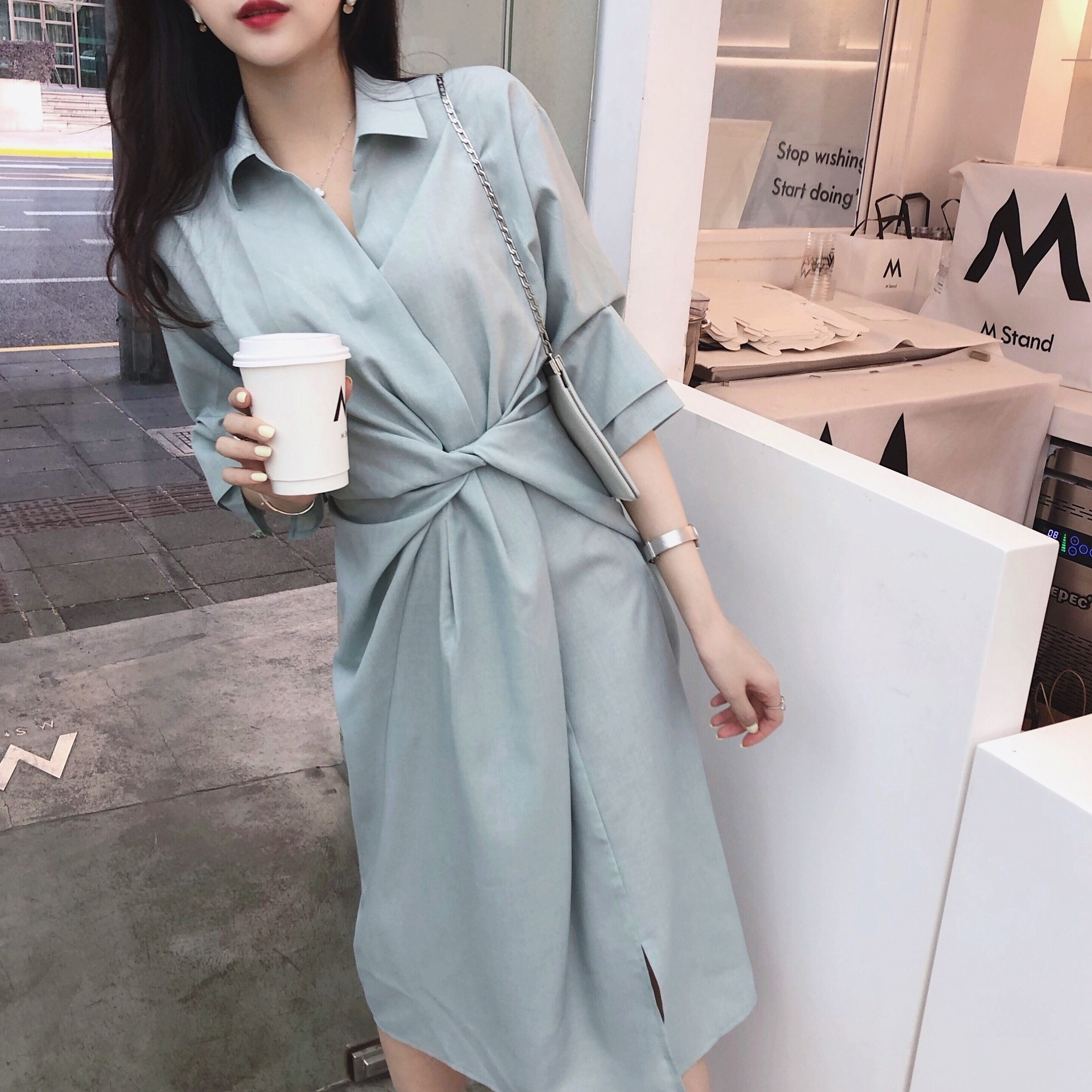 大人ワンピース ロング シャツ風ラップワンピース