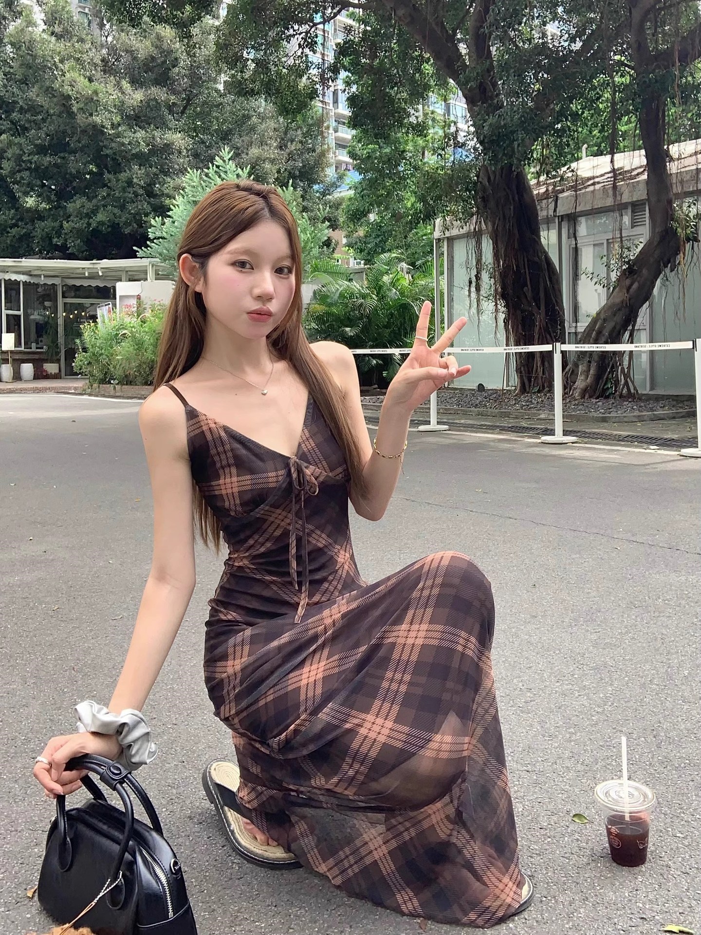大人ワンピース ロング 格子柄キャミソールロングワンピース