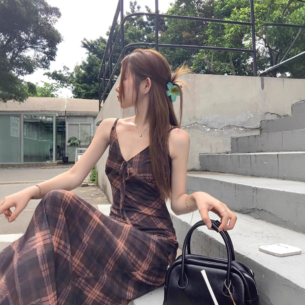 大人ワンピース ロング 格子柄キャミソールロングワンピース