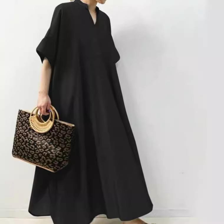 大人ワンピース ロング スキッパーネック ゆったりロングワンピース
