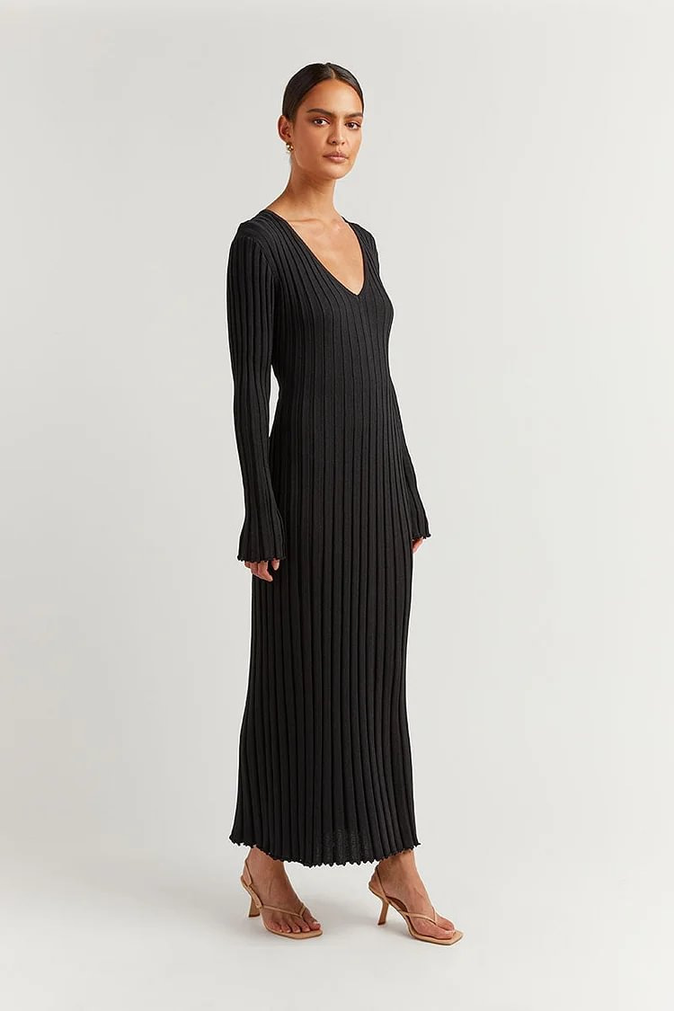 大人ワンピース ロング リブ編みフィット美シルエットワンピース