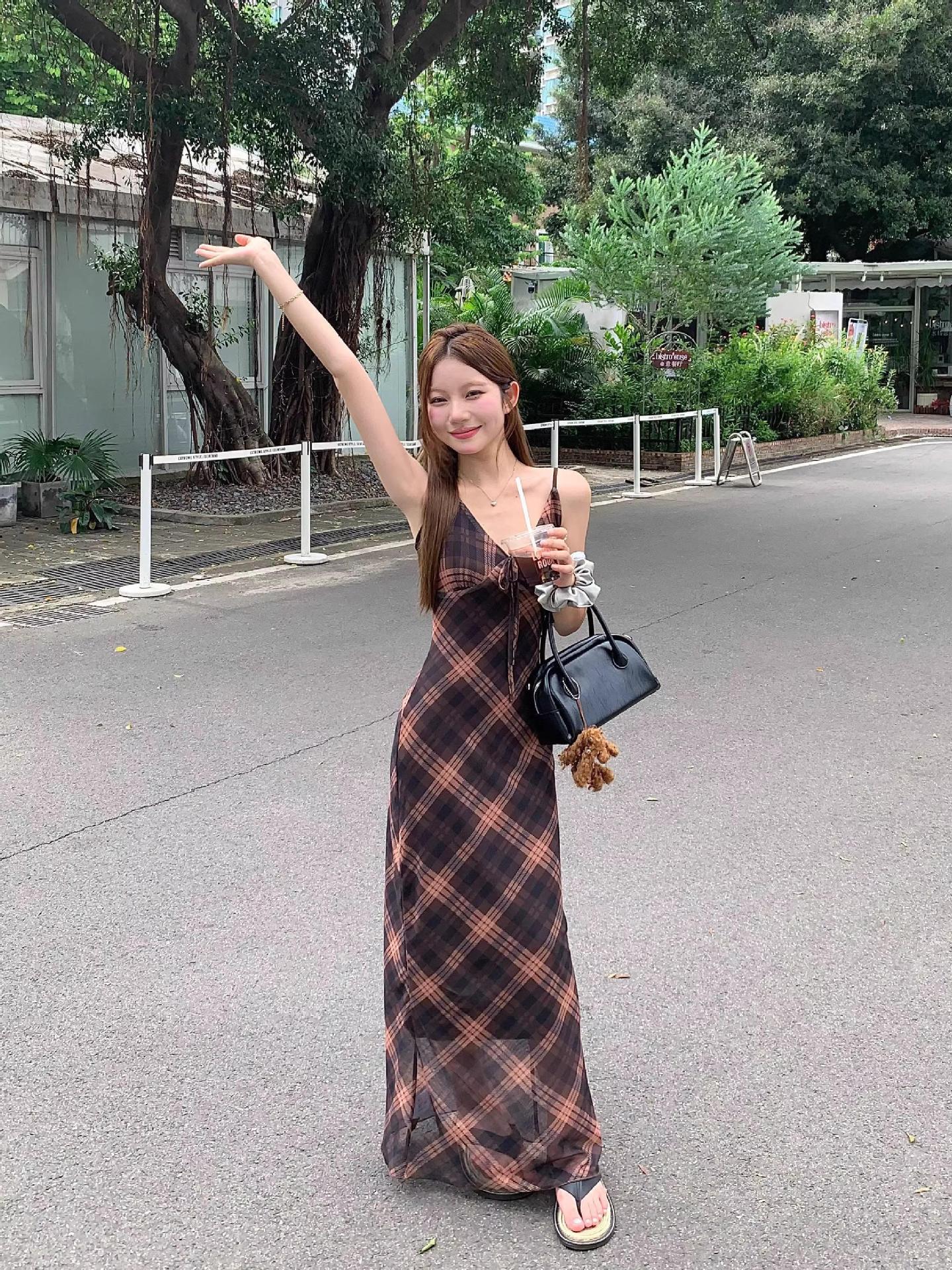 大人ワンピース ロング 格子柄キャミソールロングワンピース
