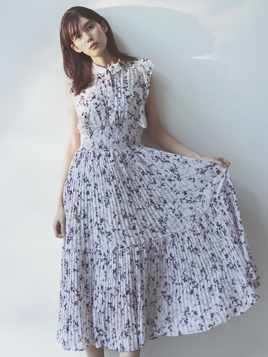 大人ワンピース ロング 優美な花園プリーツワンピース