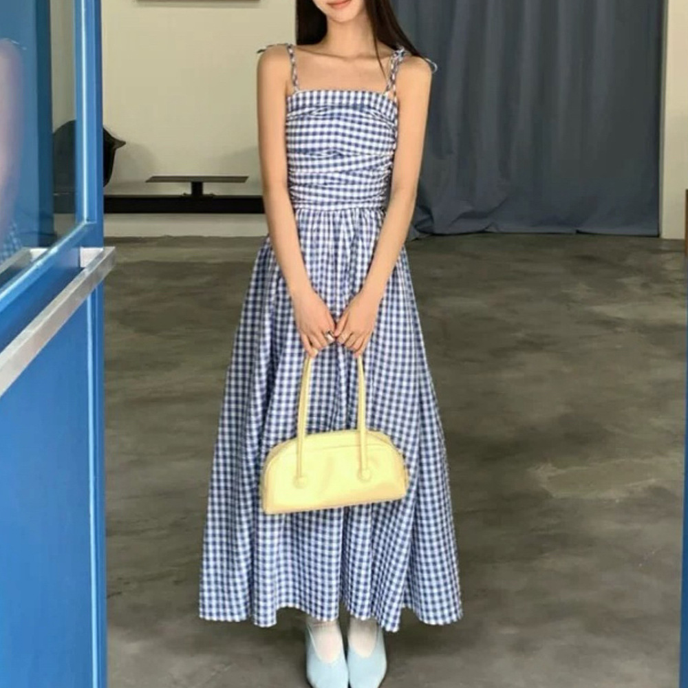 大人ワンピース ロング 肩紐結び柄行きマキシワンピース