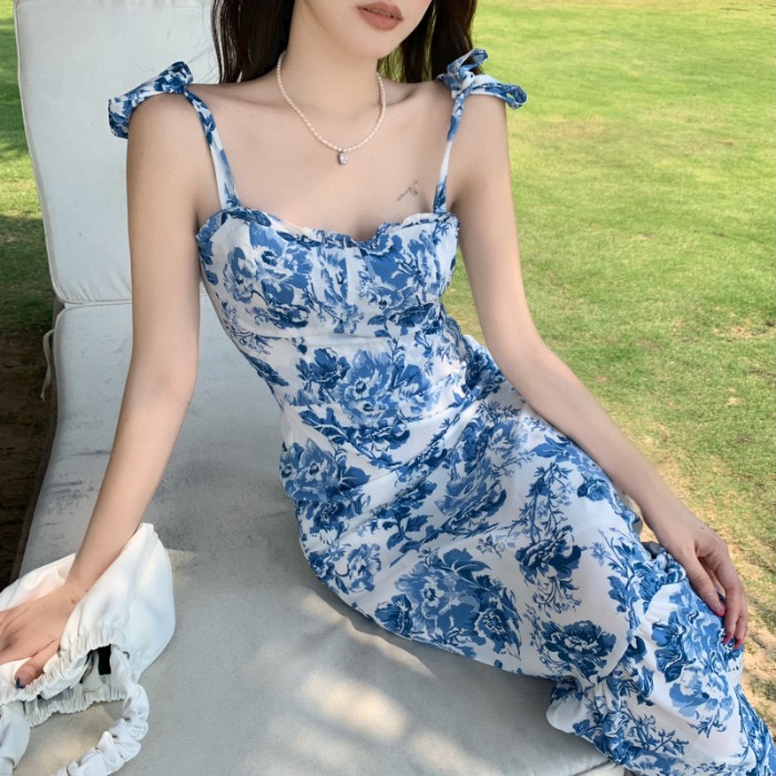 大人ワンピース ロング 優美な花柄レトロキャミソールワンピース