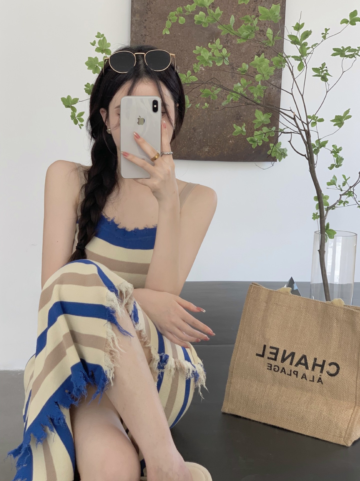 大人ワンピース ロング アシンメトリーストライプキャミワンピース