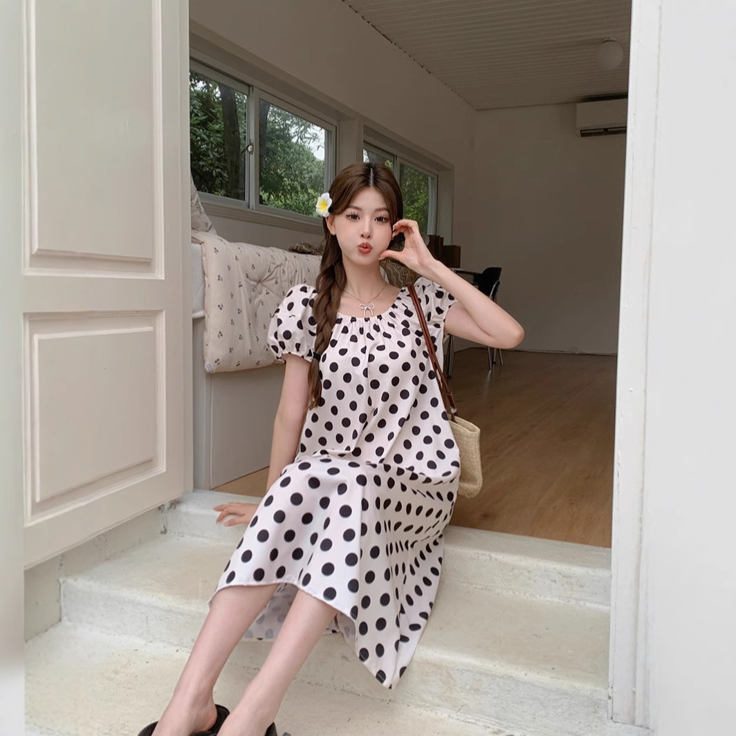 大人ワンピース ロング  水玉柄オフショルダーロングワンピース