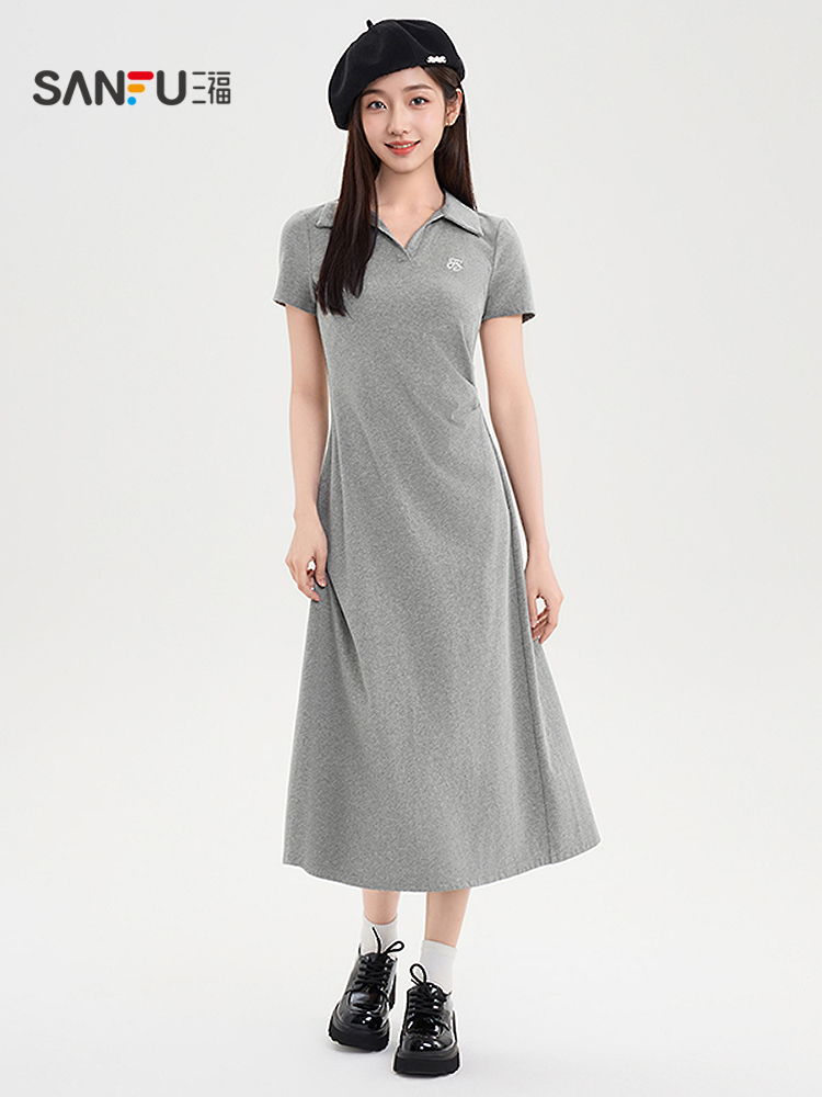 大人ワンピース ロング 刺繍入りAラインポロワンピース