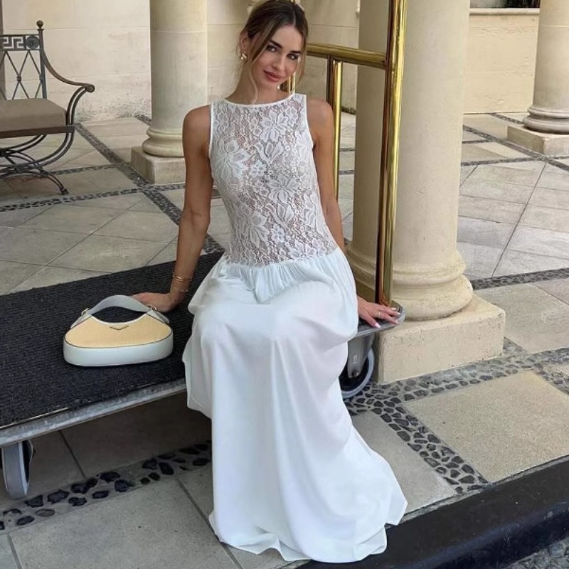 大人ワンピース ロング 花レースウエスト切替優美ロングワンピース