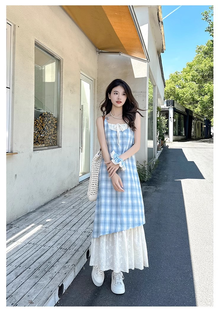 大人ワンピース マキシ チェック柄レース切替キャミソールワンピース