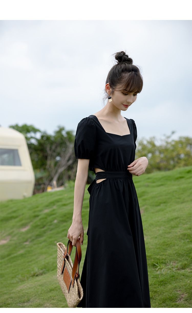 大人ワンピース ロング 優美サイドカットパフスリーブロングワンピース