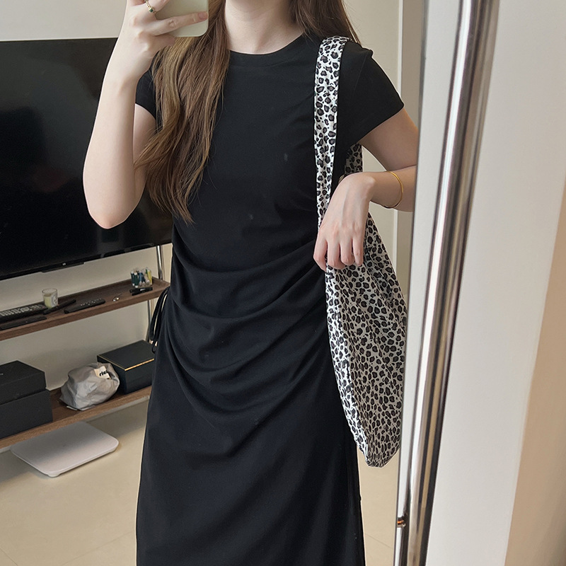 大人ワンピース ロング サイドギャザー ロングワンピース