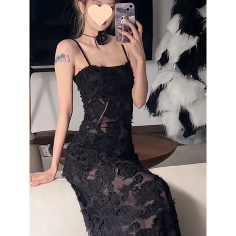 大人ワンピース ロング フロッキー加工レースキャミソールワンピース