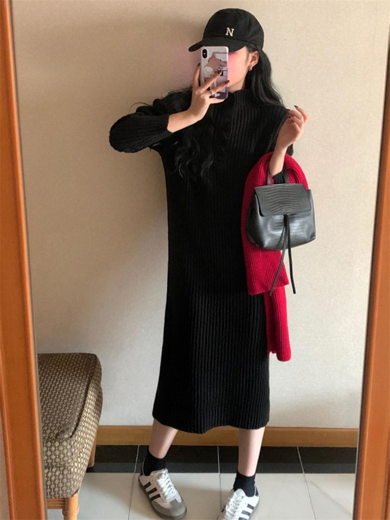 大人ワンピース リブニットワンピース長袖ハイネックロング丈きれいめ