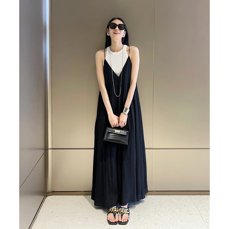 大人ワンピース ロング 重ね着風キャミソールロングワンピース