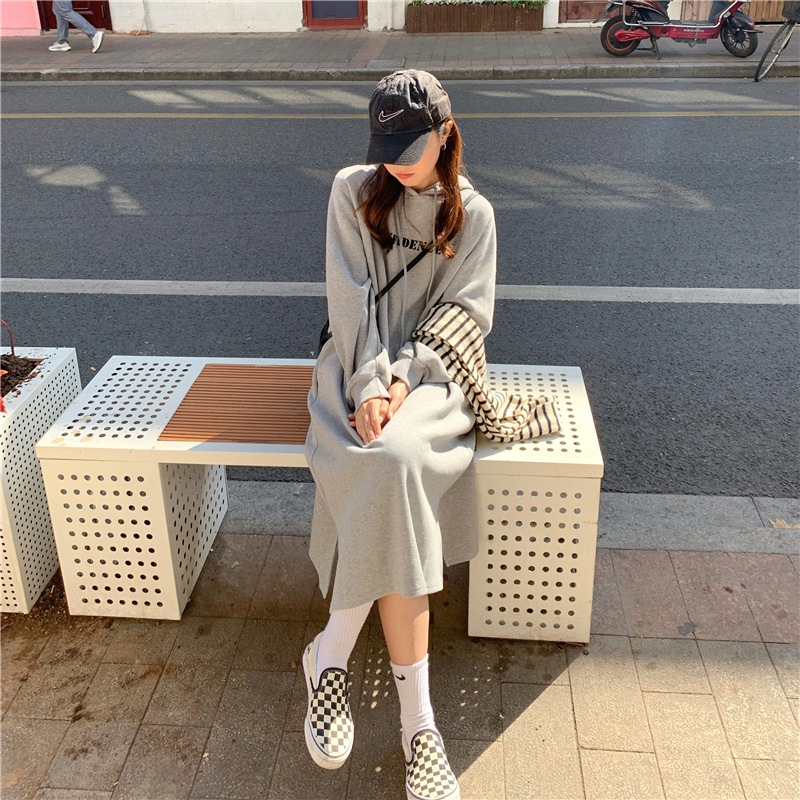大人ワンピース フード付きロング丈ワンピース オーバーサイズ ロゴプリント