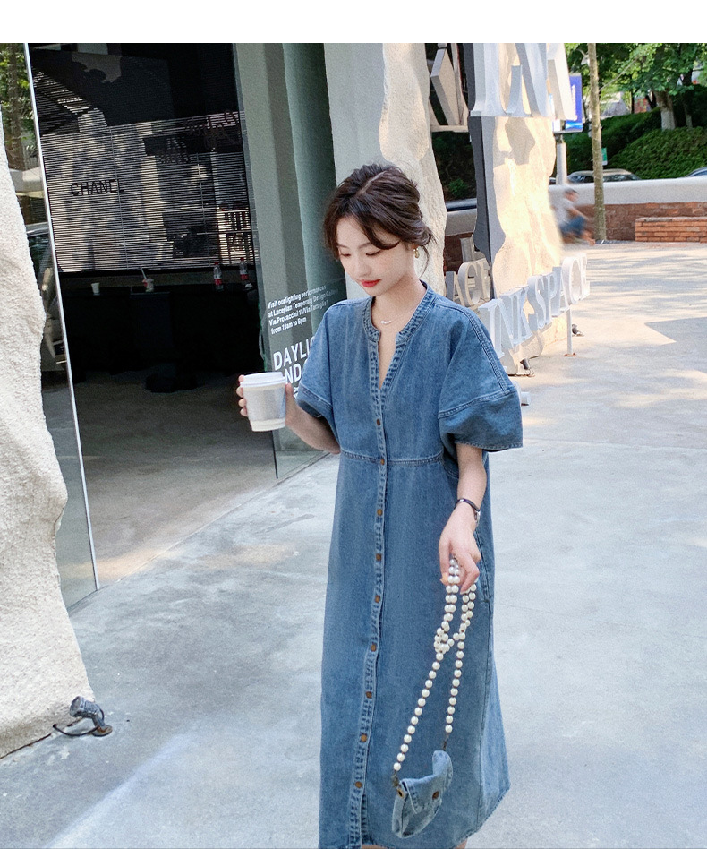 大人ワンピース ロング ノーカラーデニムワンピース
