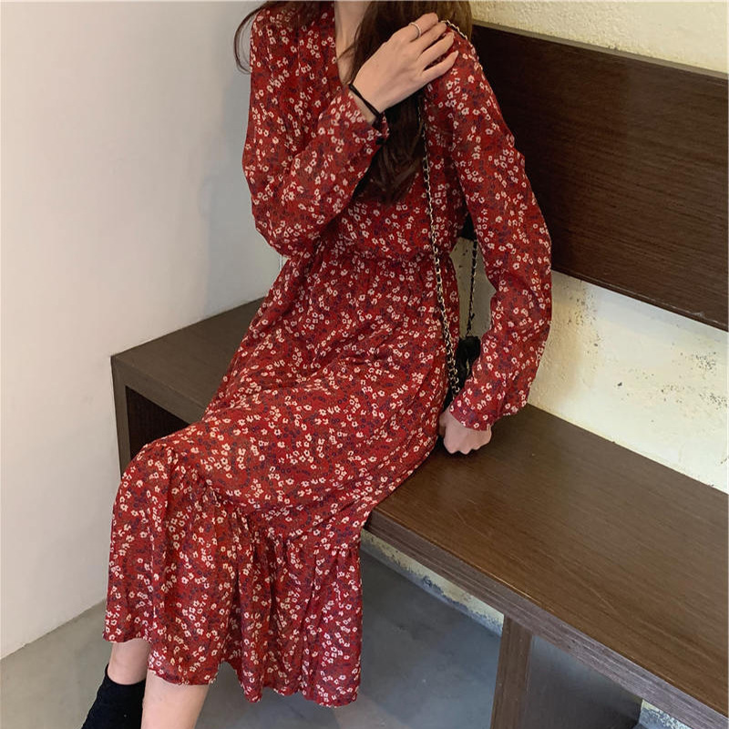大人ワンピース ロング 花柄シフォンティアードロングワンピース