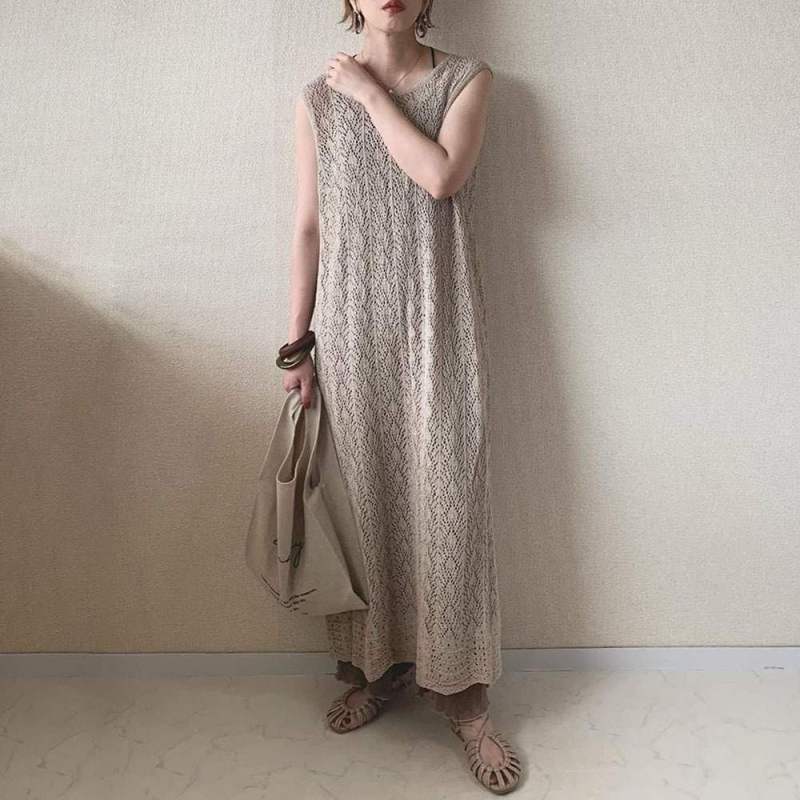 大人ワンピース 透かし編みニットワンピース バックスリット レイヤード風