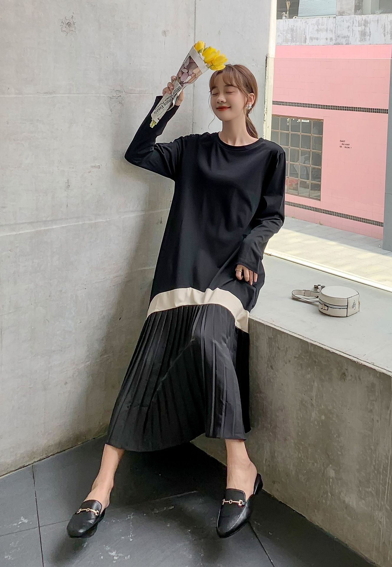 大人ワンピース ロング プリーツ切替ラインバイカラーワンピース
