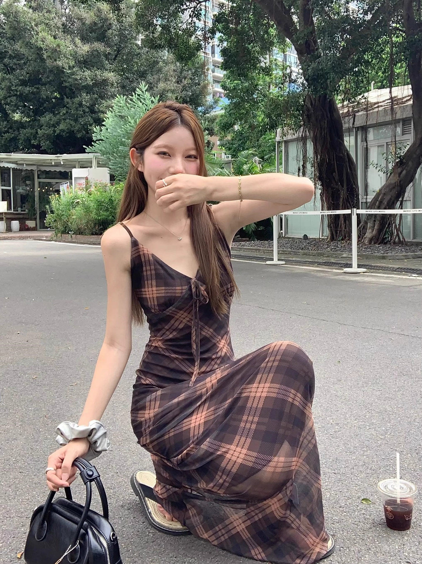 大人ワンピース ロング 格子柄キャミソールロングワンピース