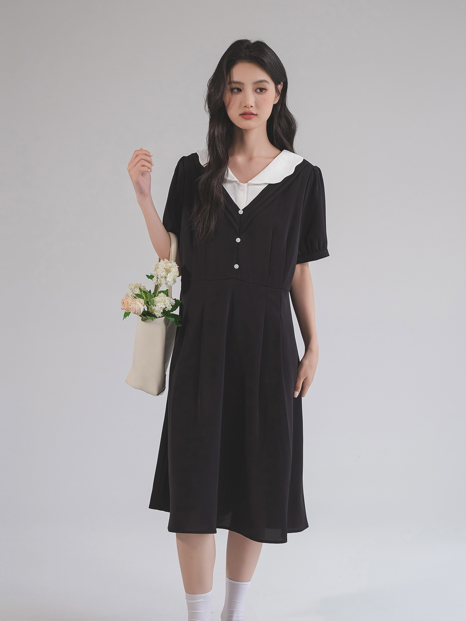 大人ワンピース ロング レイヤード風Vネックシフォンワンピース