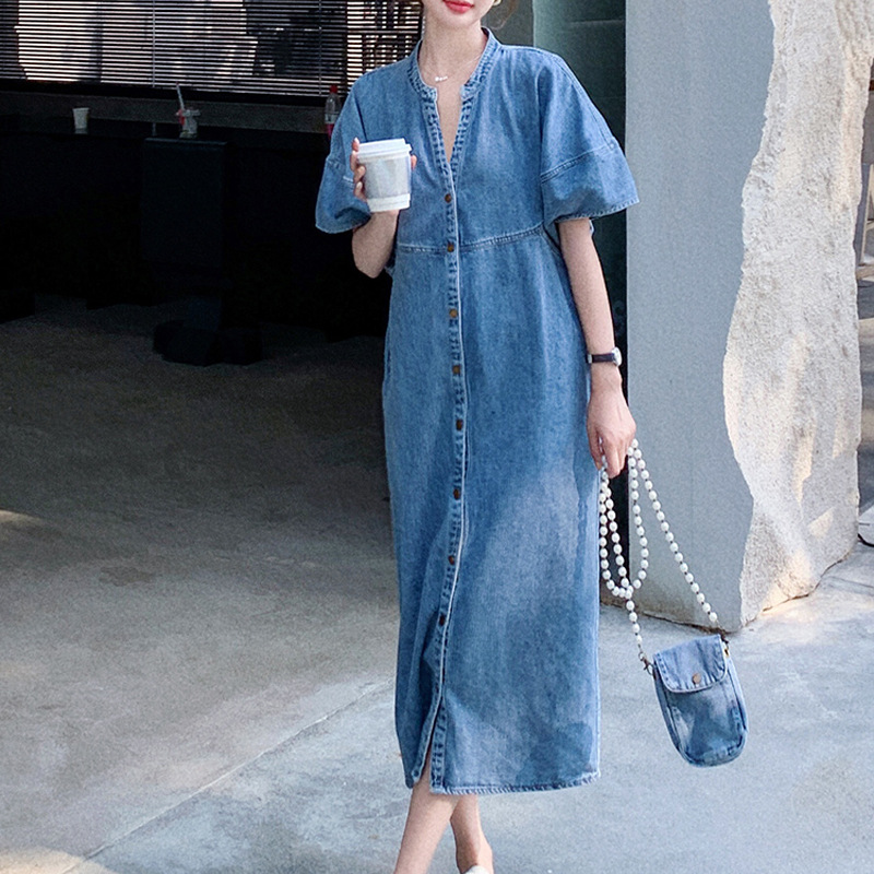大人ワンピース ロング ノーカラーデニムワンピース